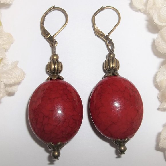 wvluckygirl Jewelry - Big Red & Bronze Boho Statement Earrings Statement Jewelry Set Pair Dangle 6419